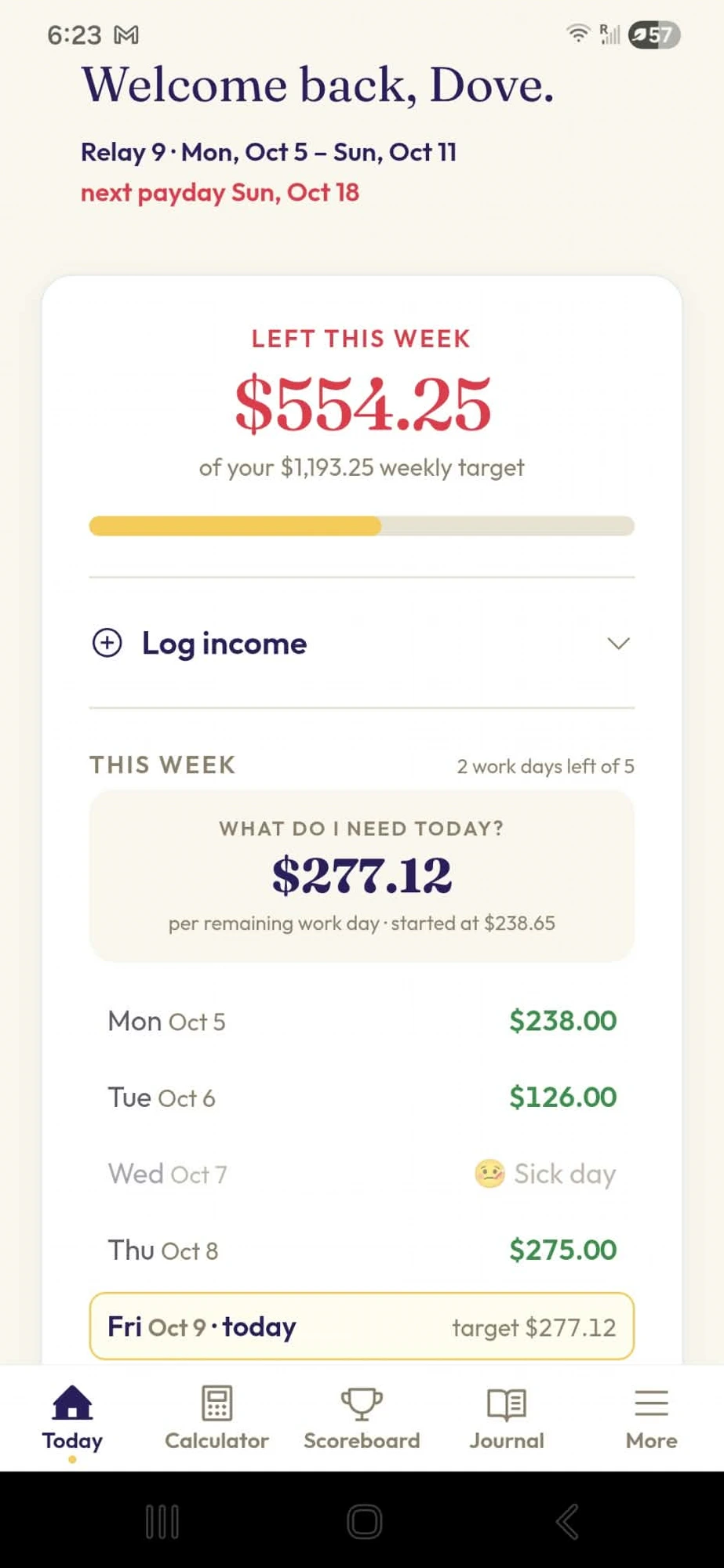 The Payday Relay app showing this week's income target