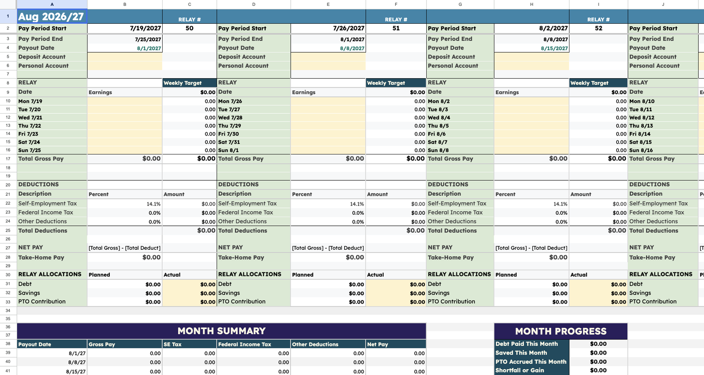 Your Payday Relay Google Sheet — weekly relays, deductions, and allocations
